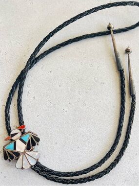 Zuni Native American Bolo Inlay Sterling Silver Thunderbird Tie/BENNETT Signed